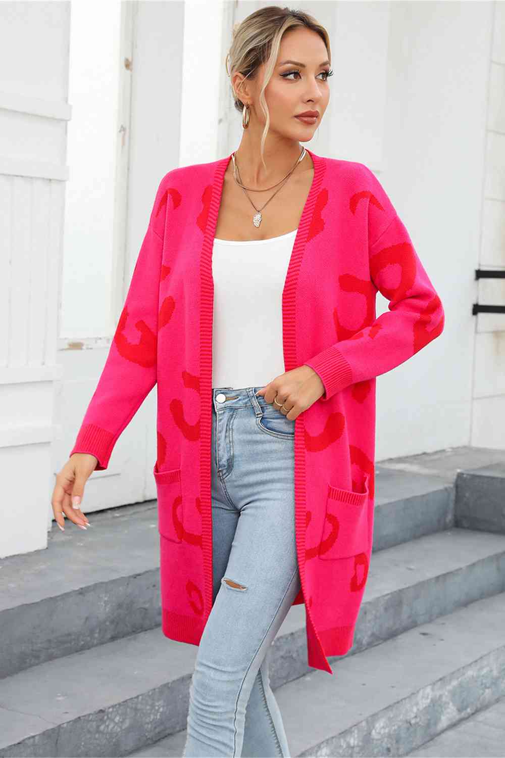 Printed Long Sleeve Cardigan with Pockets - TRENDMELO