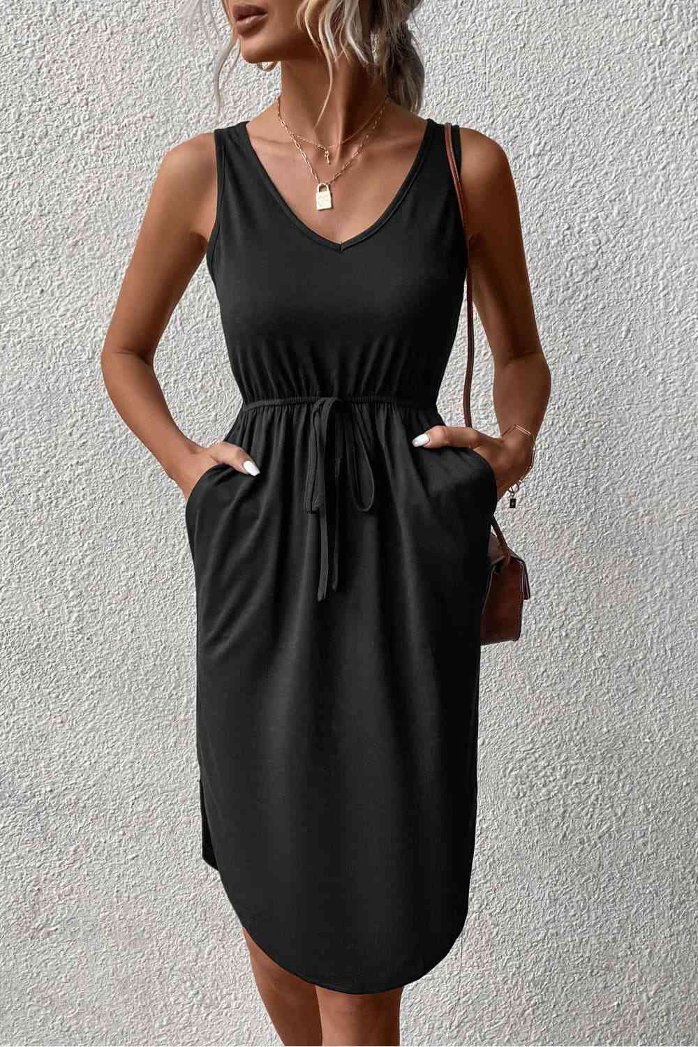 V-Neck Curved Hem Sleeveless Dress - TRENDMELO