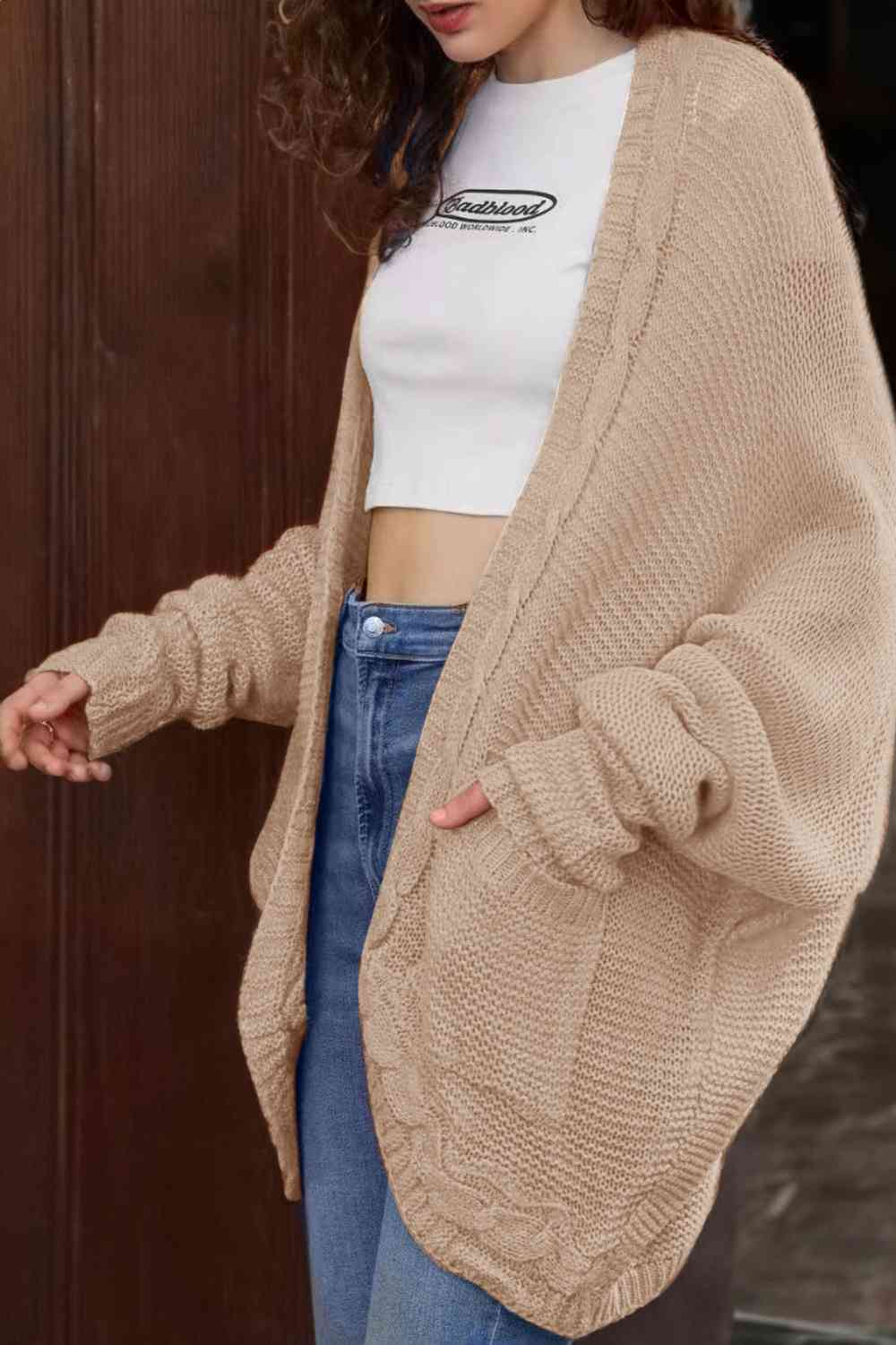 Cable-Knit Open Front Cardigan with Pockets - TRENDMELO