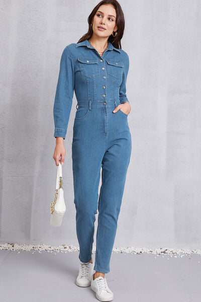 Snap Down Denim Jumpsuit with Pockets - TRENDMELO