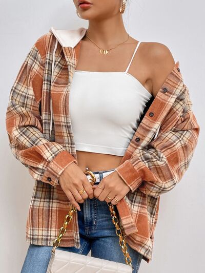 Plaid Button Up Drawstring Hooded Jacket - TRENDMELO