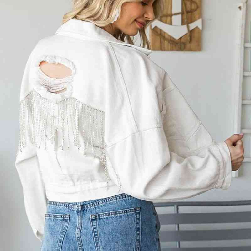 Cropped Collared Neck Dropped Shoulder Denim Jacket - TRENDMELO