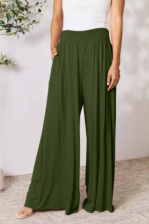 Double Take Full Size Smocked Wide Waistband Wide Leg Pants - TRENDMELO