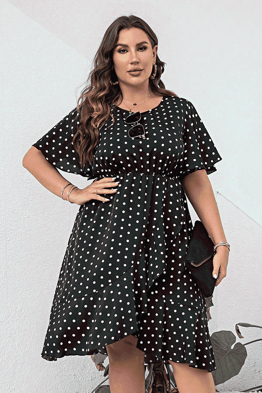 Plus Size Polka Dot Flutter Sleeve Dress - TRENDMELO