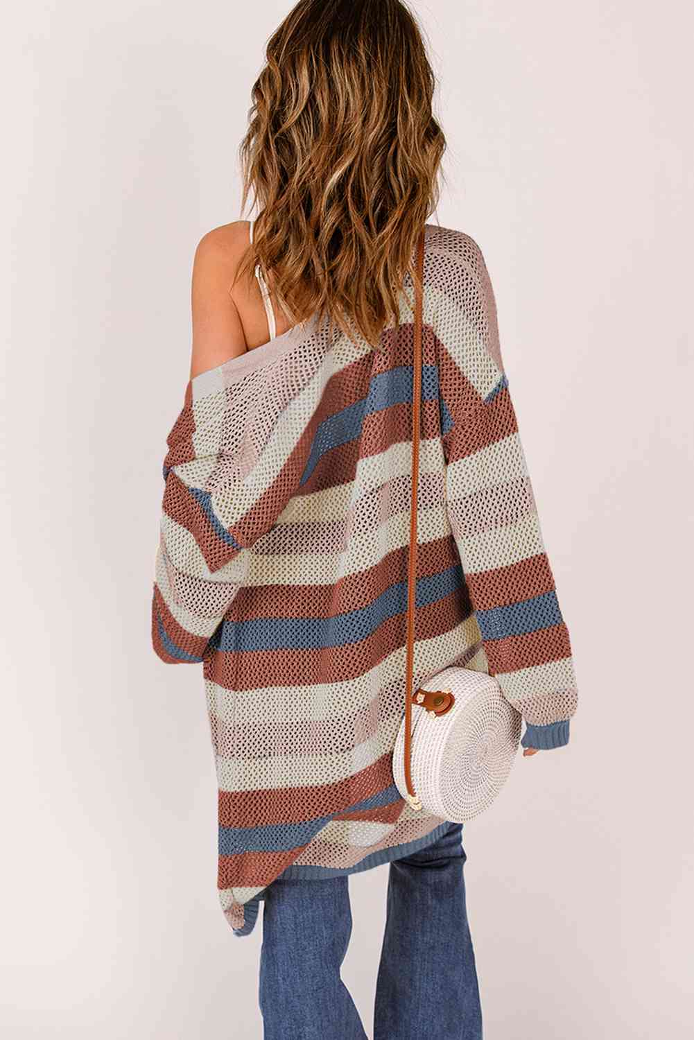 Full Size Striped Long Sleeve Openwork Cardigan - TRENDMELO