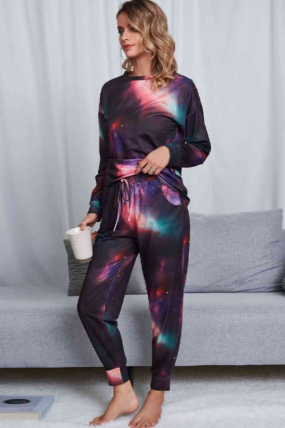 Tie-Dye Crewneck Top and Drawstring Waist Joggers Lounge Set - TRENDMELO