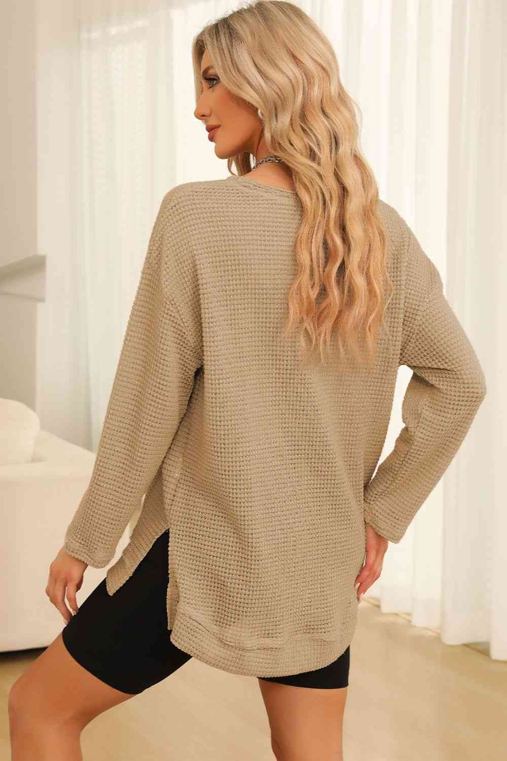 Waffle-Knit Round Neck Long Sleeve Sweatshirt - TRENDMELO