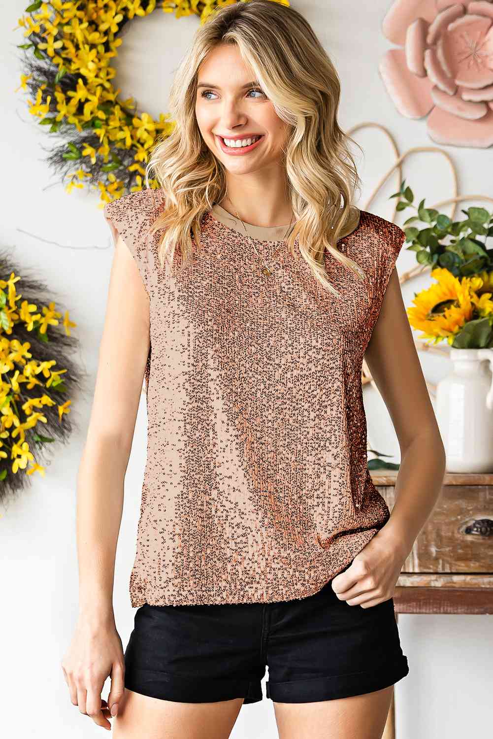 Sequin Round Neck Capped Sleeve Tank - TRENDMELO