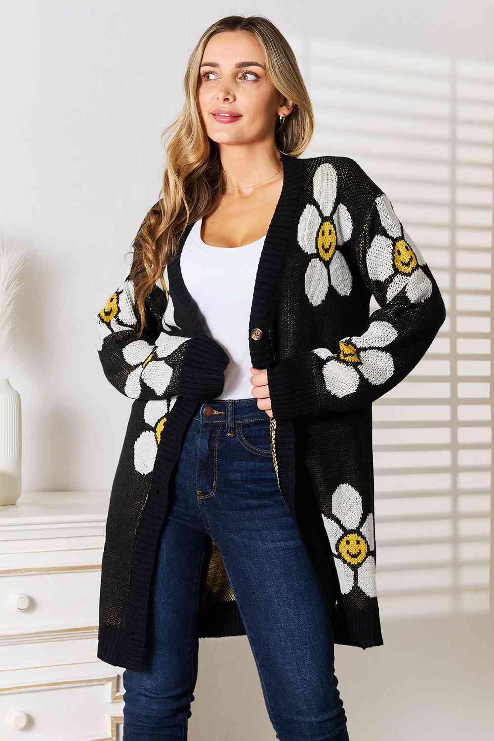 Double Take Floral Button Down Longline Cardigan - TRENDMELO