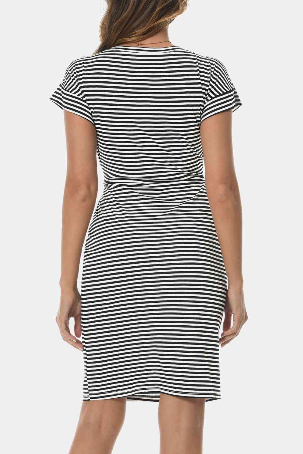 Tie Front Round Neck Short Sleeve Dress - TRENDMELO