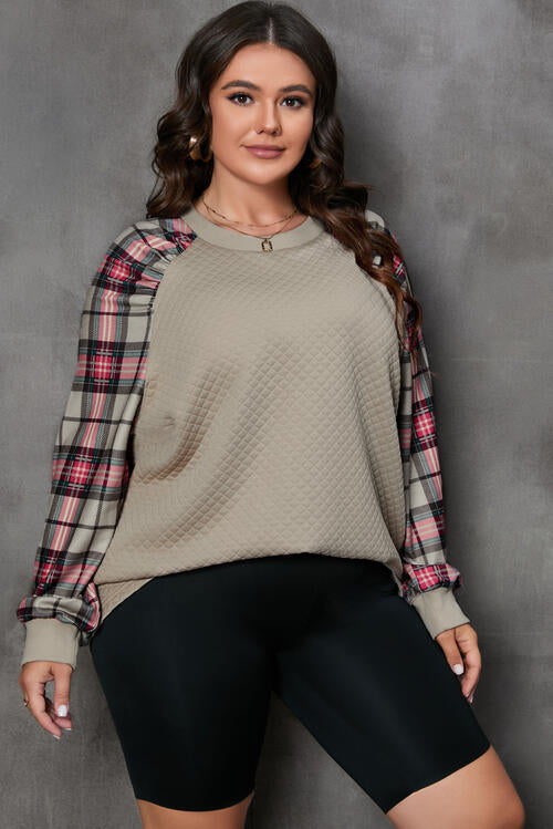 Plus Size Plaid Round Neck Long Sleeve Sweatshirt - TRENDMELO