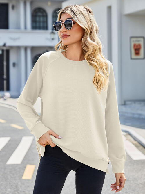 Zip Detail Round Neck Long Sleeve Sweatshirt - TRENDMELO