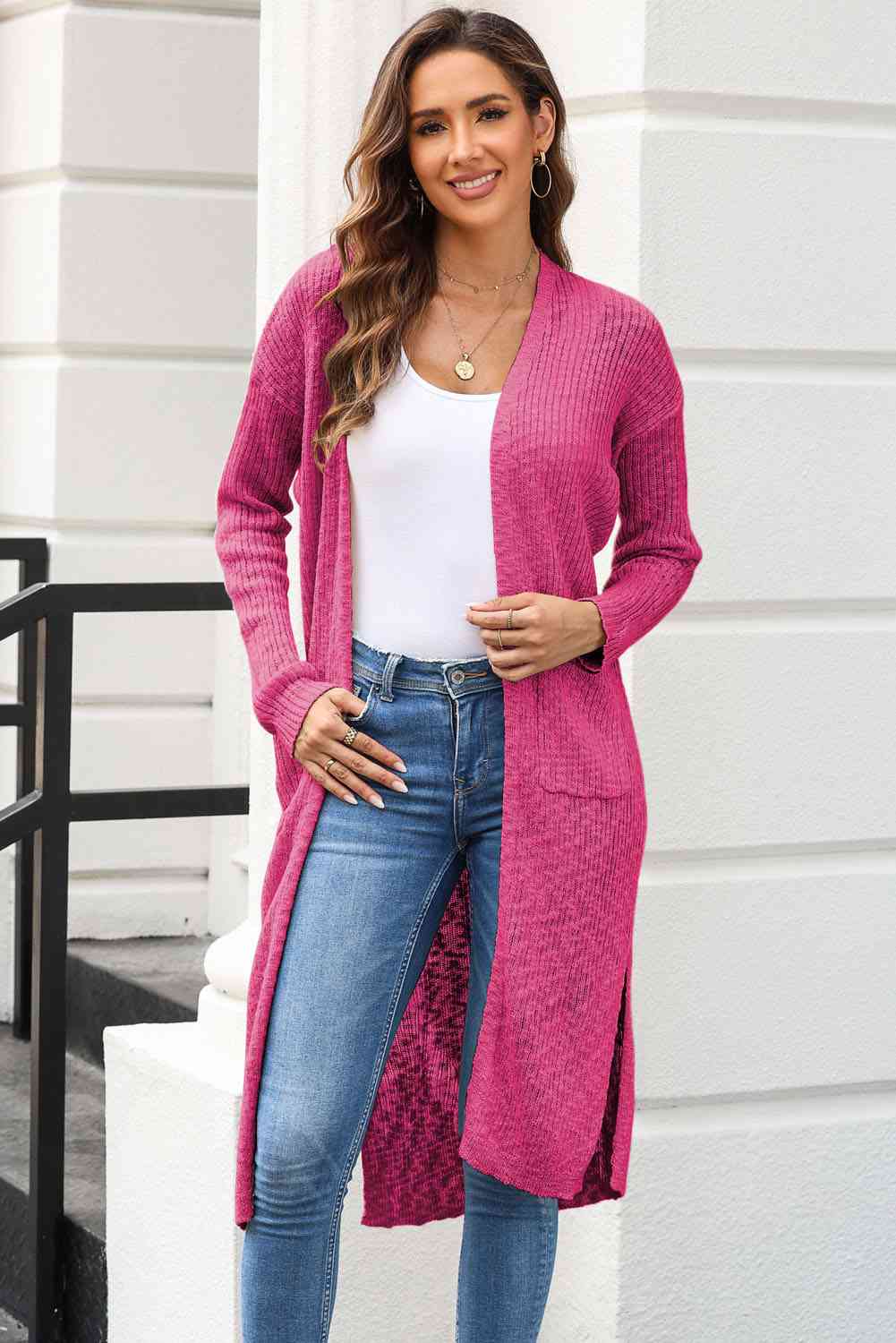 Open Front Slit Cardigan with Pockets - TRENDMELO