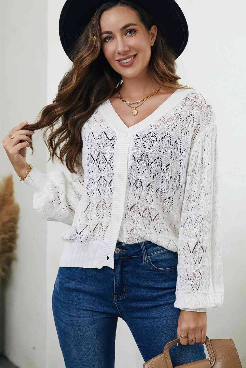 Openwork V-Neck Cardigan - TRENDMELO