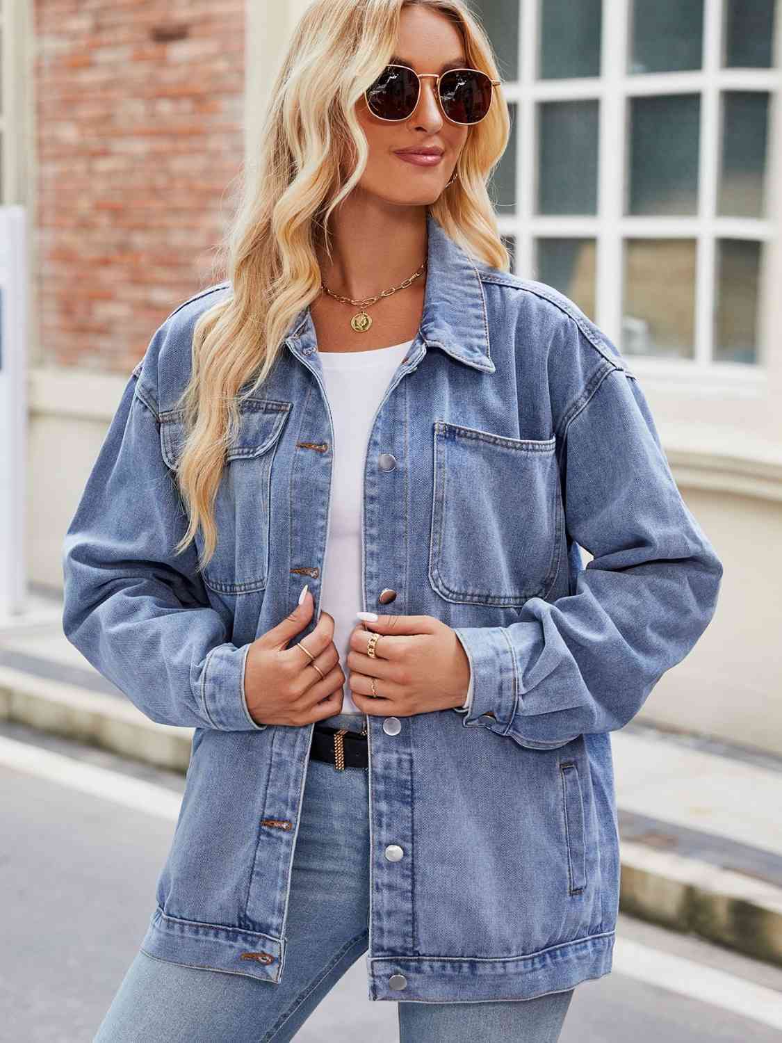 Button Up Denim Jacket with Pockets - TRENDMELO