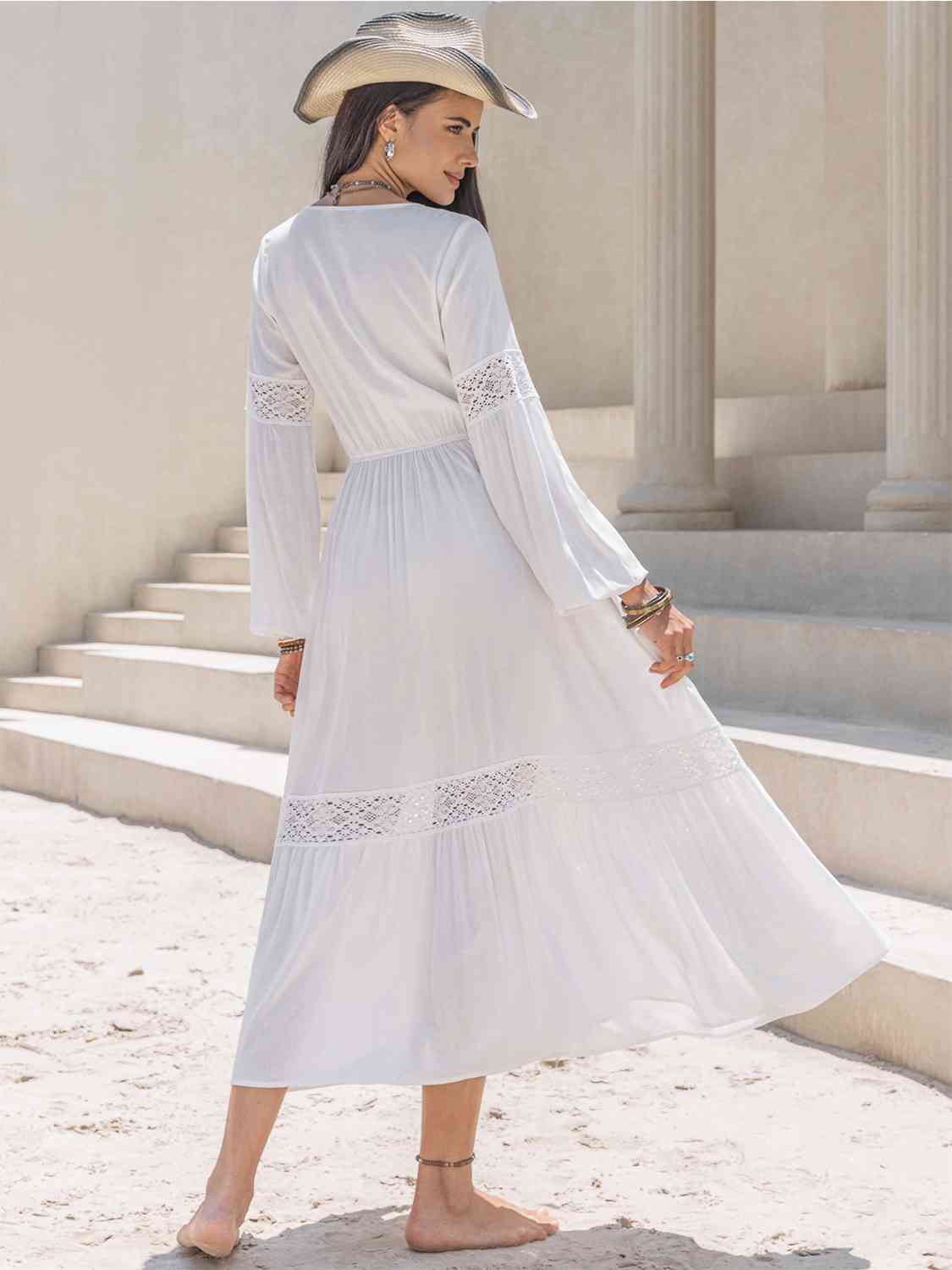 Tie Neck Long Sleeve Midi Tiered Dress - TRENDMELO