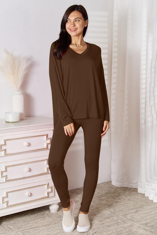 Basic Bae Full Size V-Neck Soft Rayon Long Sleeve Top and Pants Lounge Set - TRENDMELO