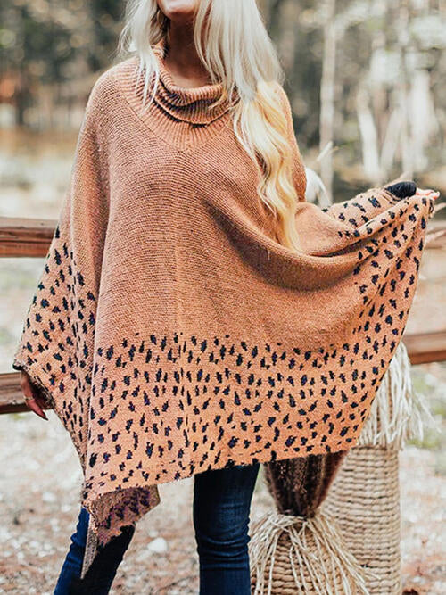 Leopard Turtleneck Poncho - TRENDMELO