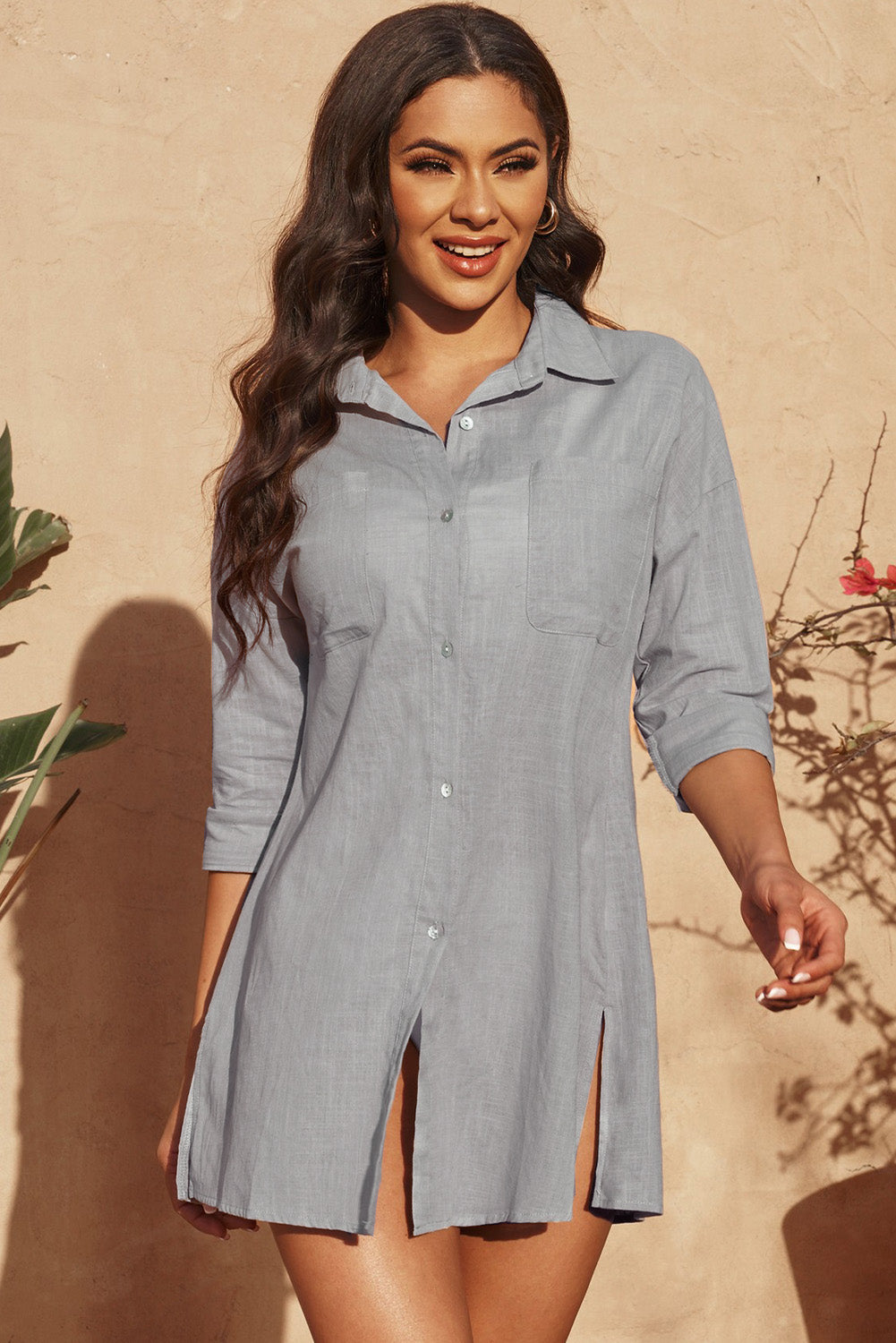 Button-Up Longline Shirt with Breast Pockets - TRENDMELO