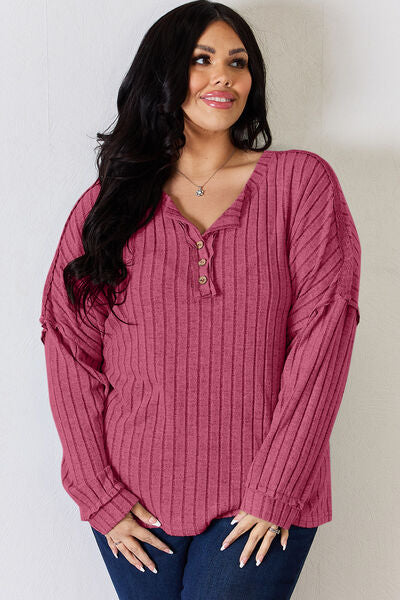 Basic Bae Full Size Ribbed Half Button Long Sleeve T-Shirt - TRENDMELO