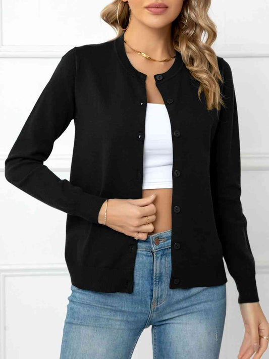 Button Down Round Neck Cardigan - TRENDMELO