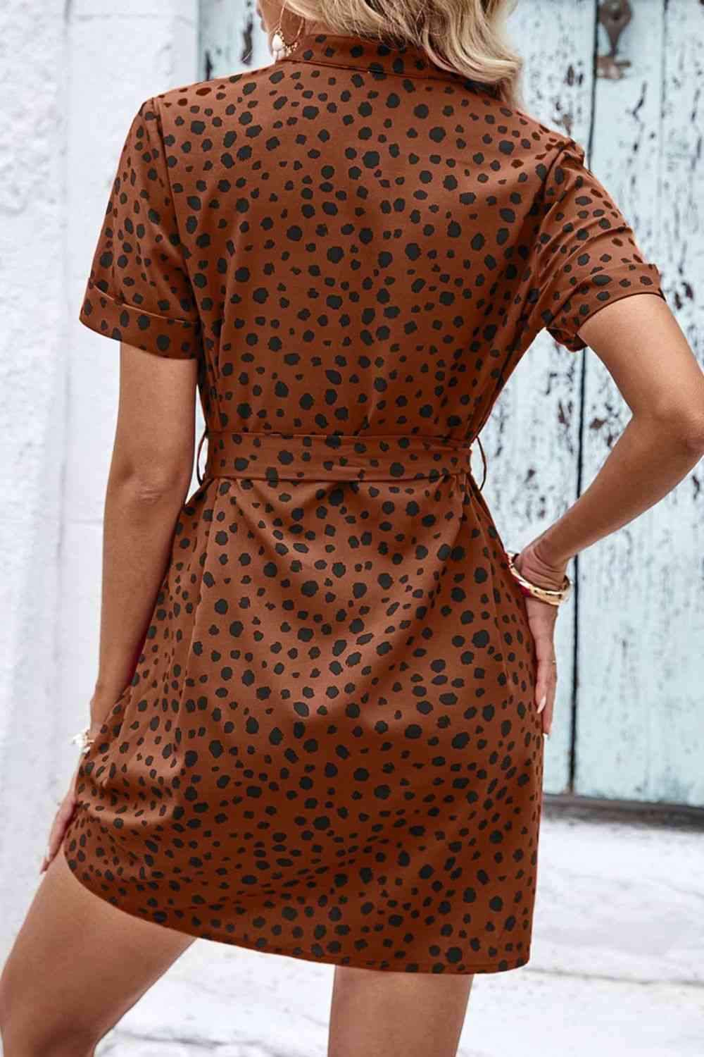 Dotted Short Sleeve Tie Belt Dress - TRENDMELO