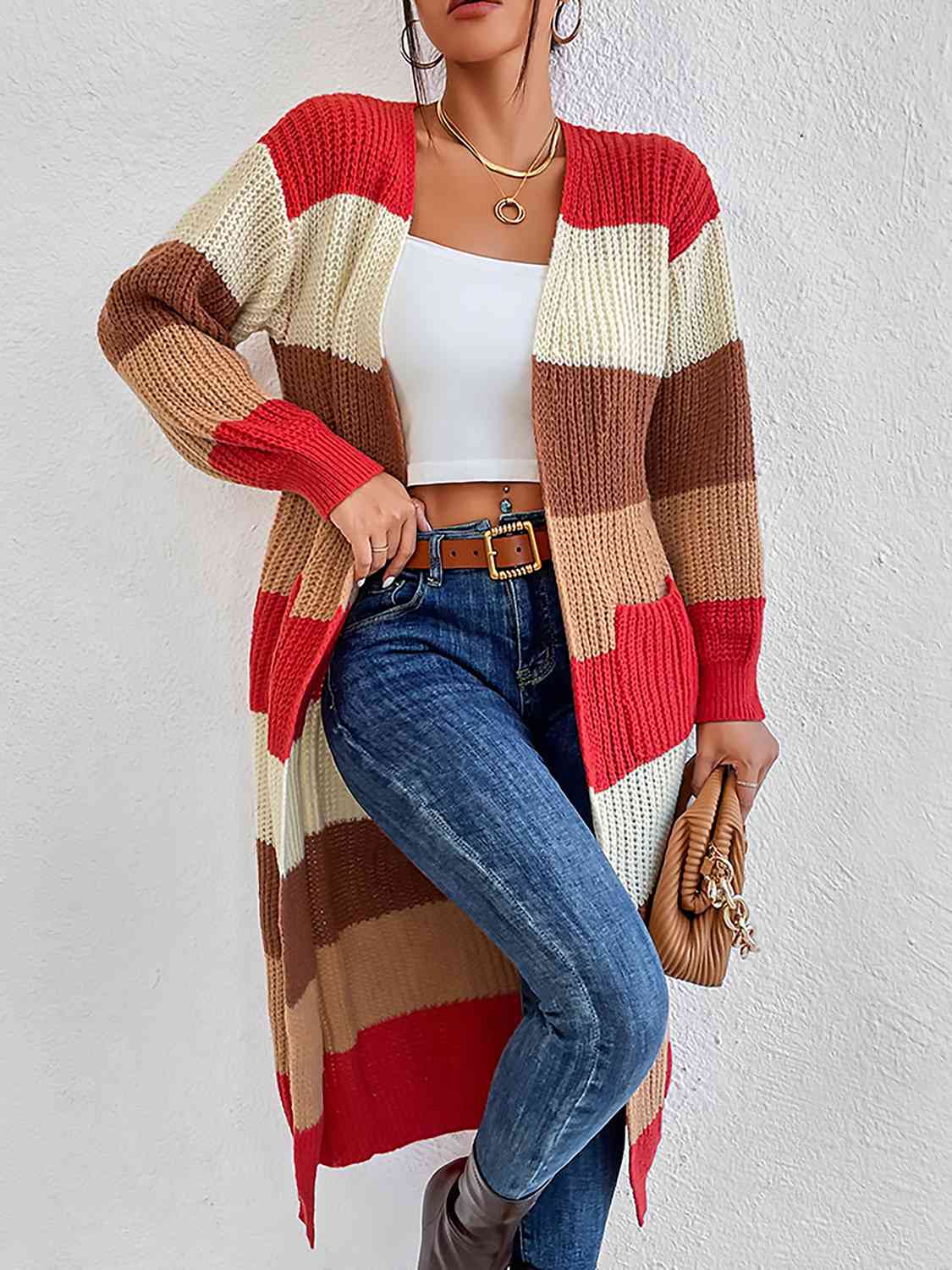 Color Block Open Front Longline Cardigan - TRENDMELO