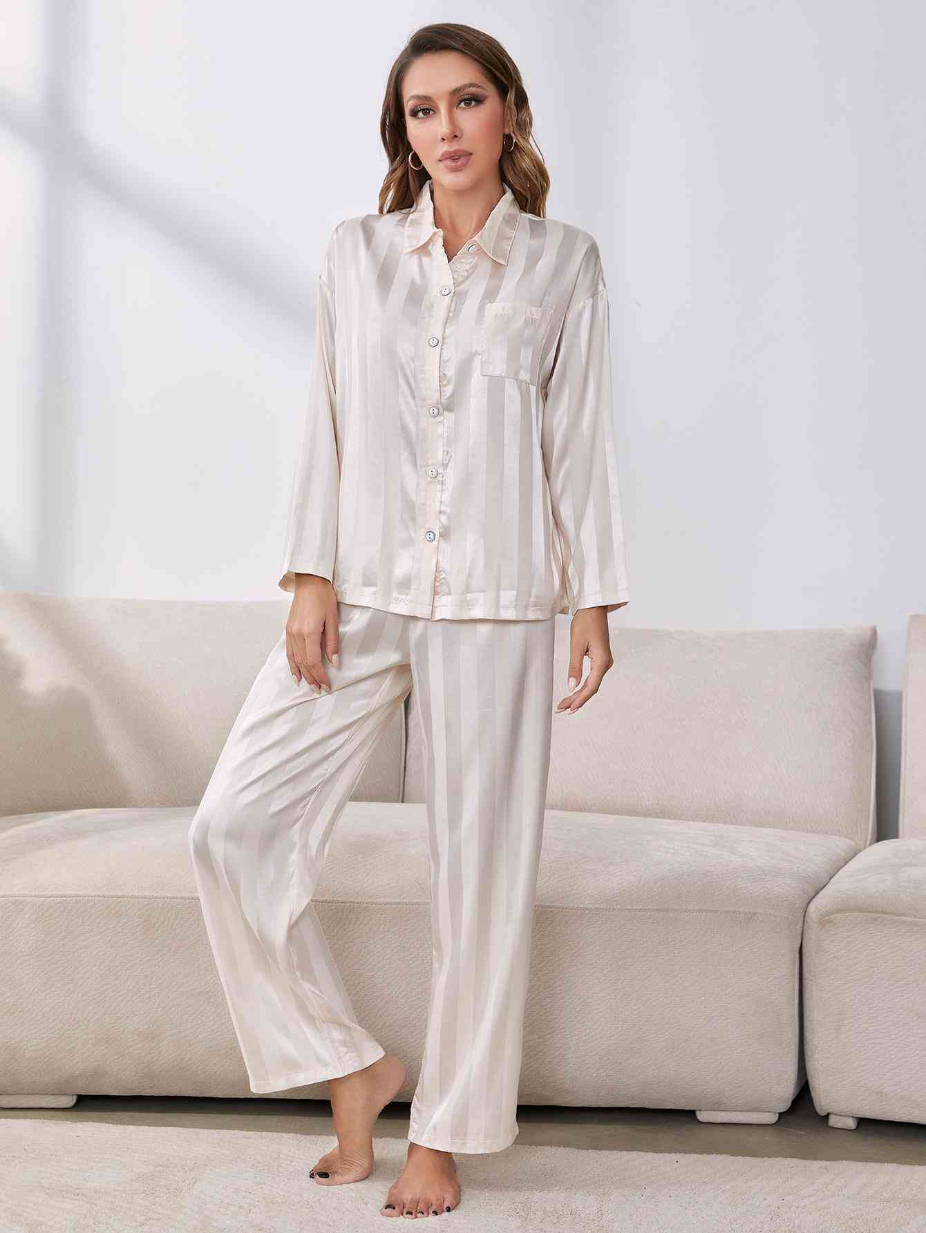 Button-Up Shirt and Pants Pajama Set - TRENDMELO