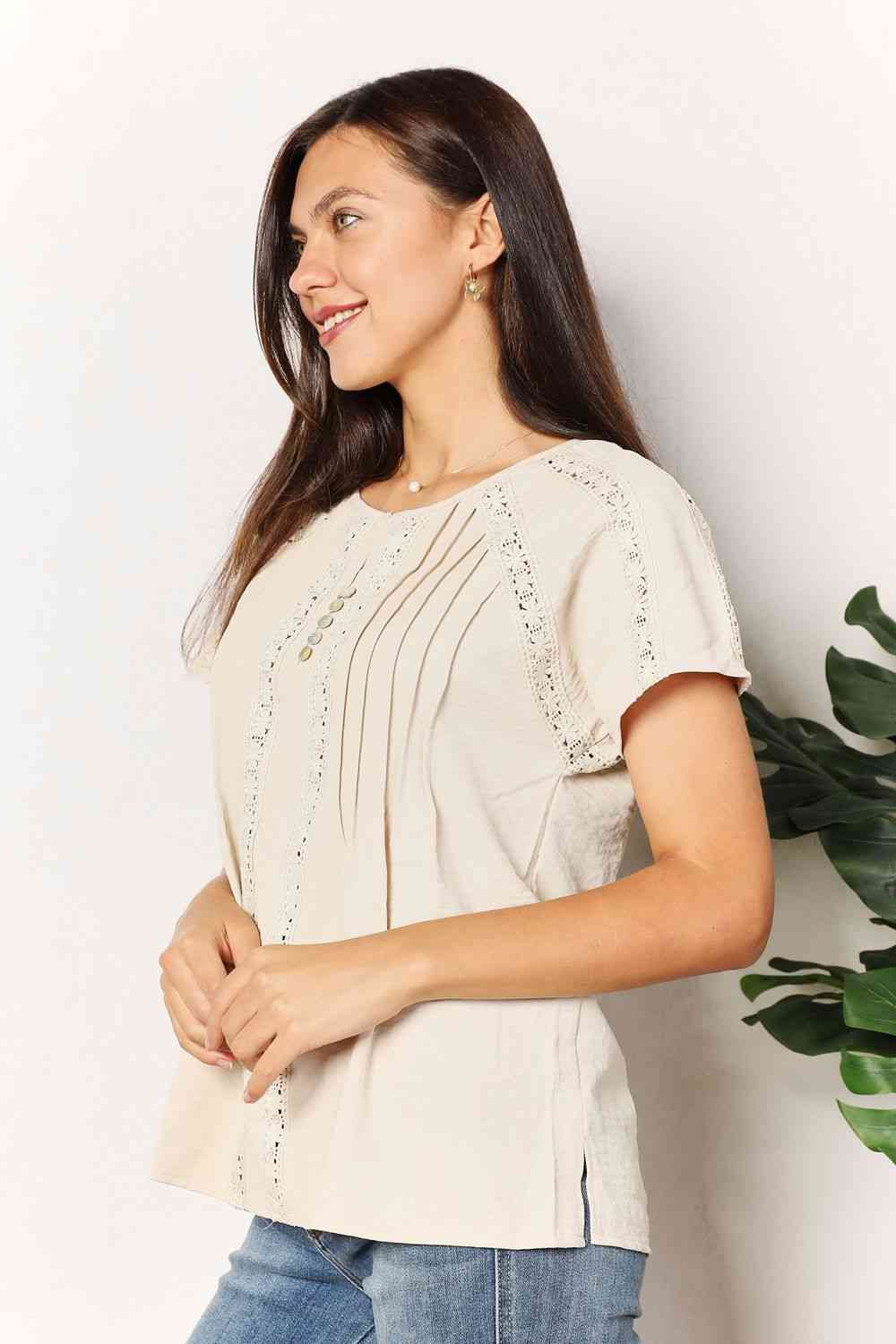 Double Take Crochet Buttoned Short Sleeves Top - TRENDMELO