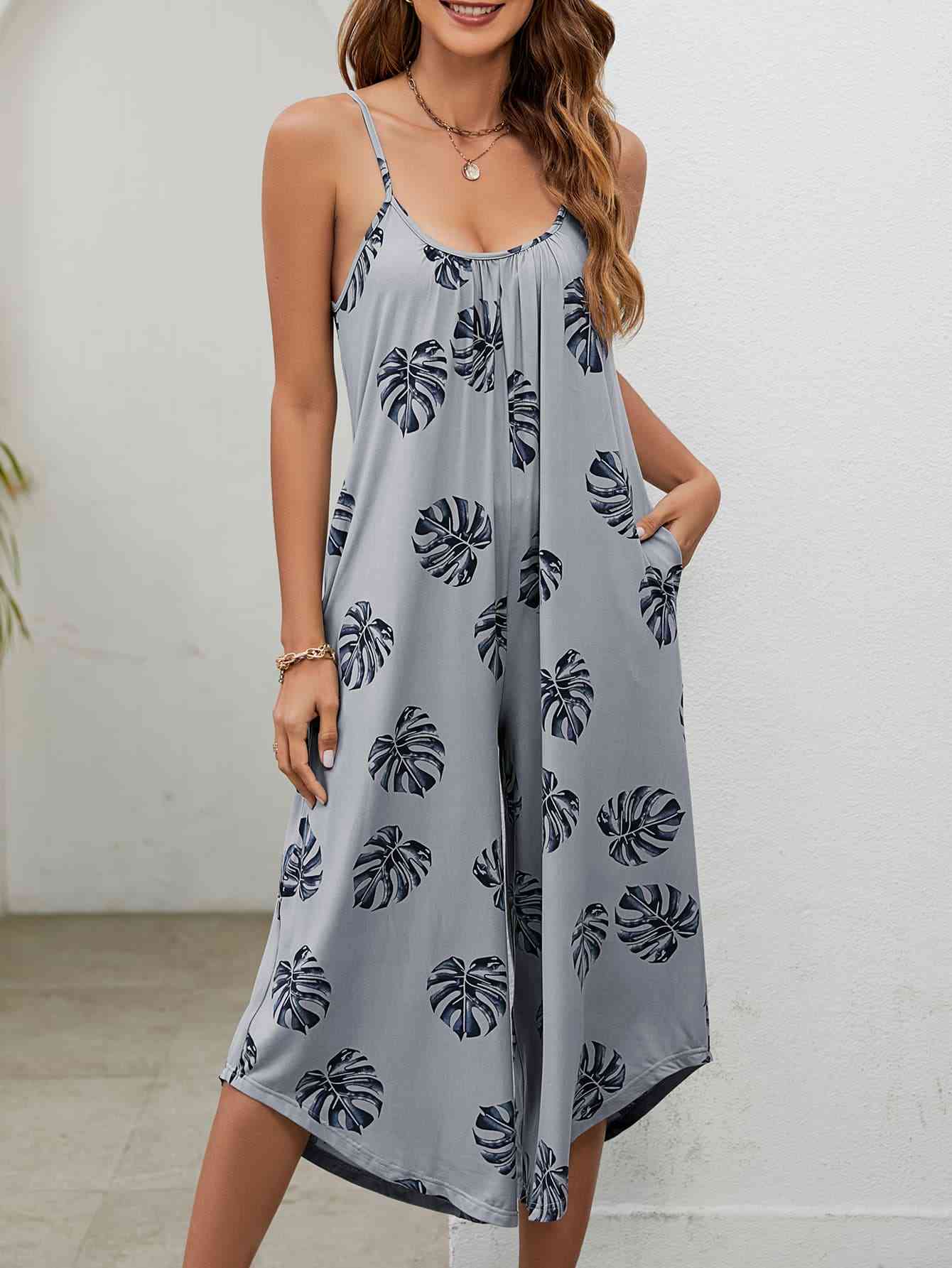 Botanical Print Spaghetti Strap Scoop Neck Jumpsuit - TRENDMELO