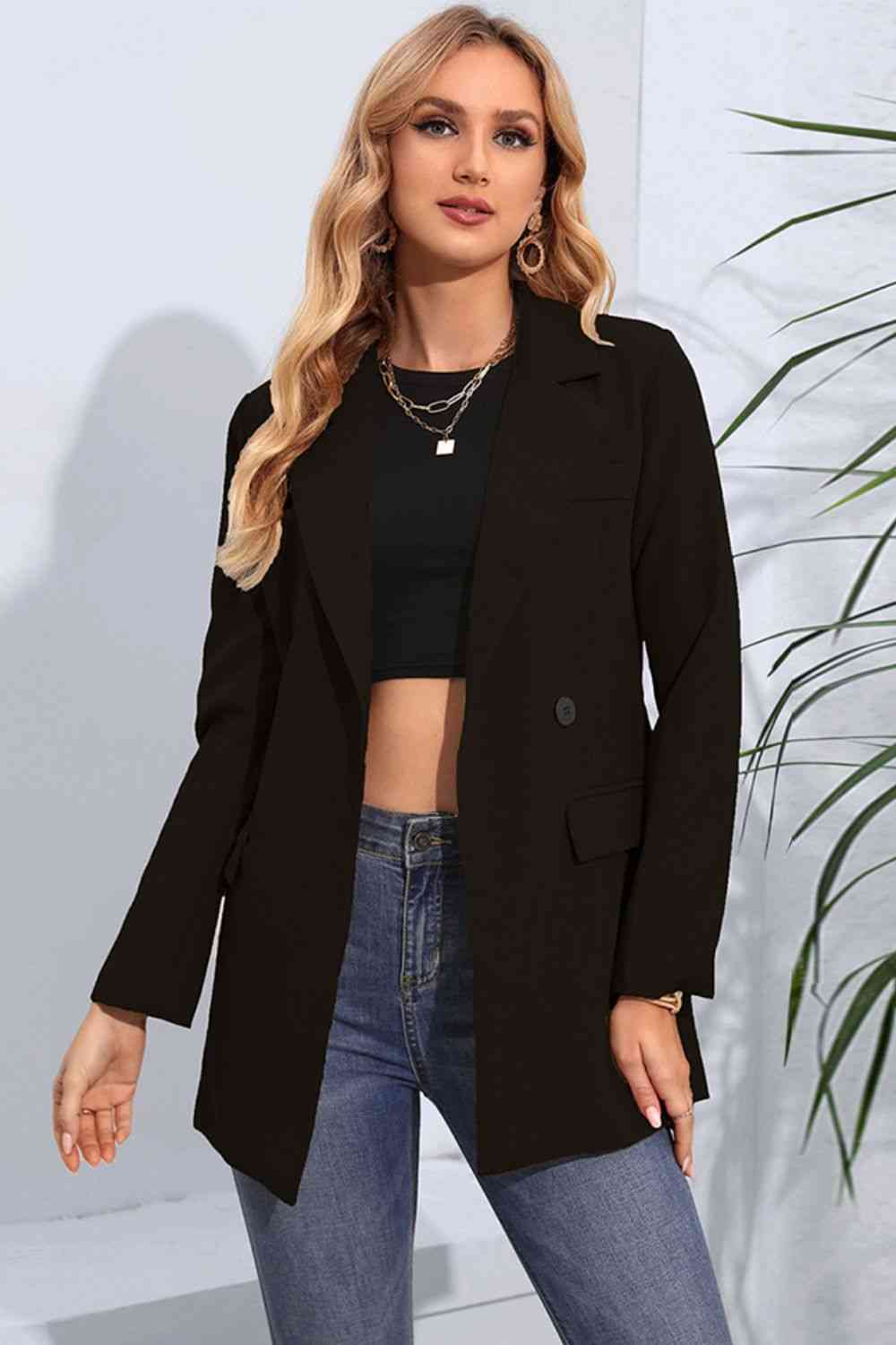 Lapel Neck Long Sleeve Blazer with Pockets - TRENDMELO