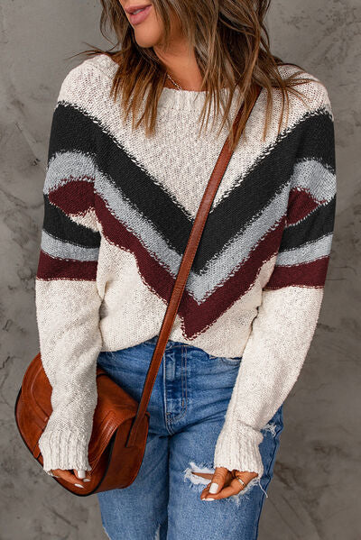 Contrast Round Neck Dropped Shoulder Sweater - TRENDMELO