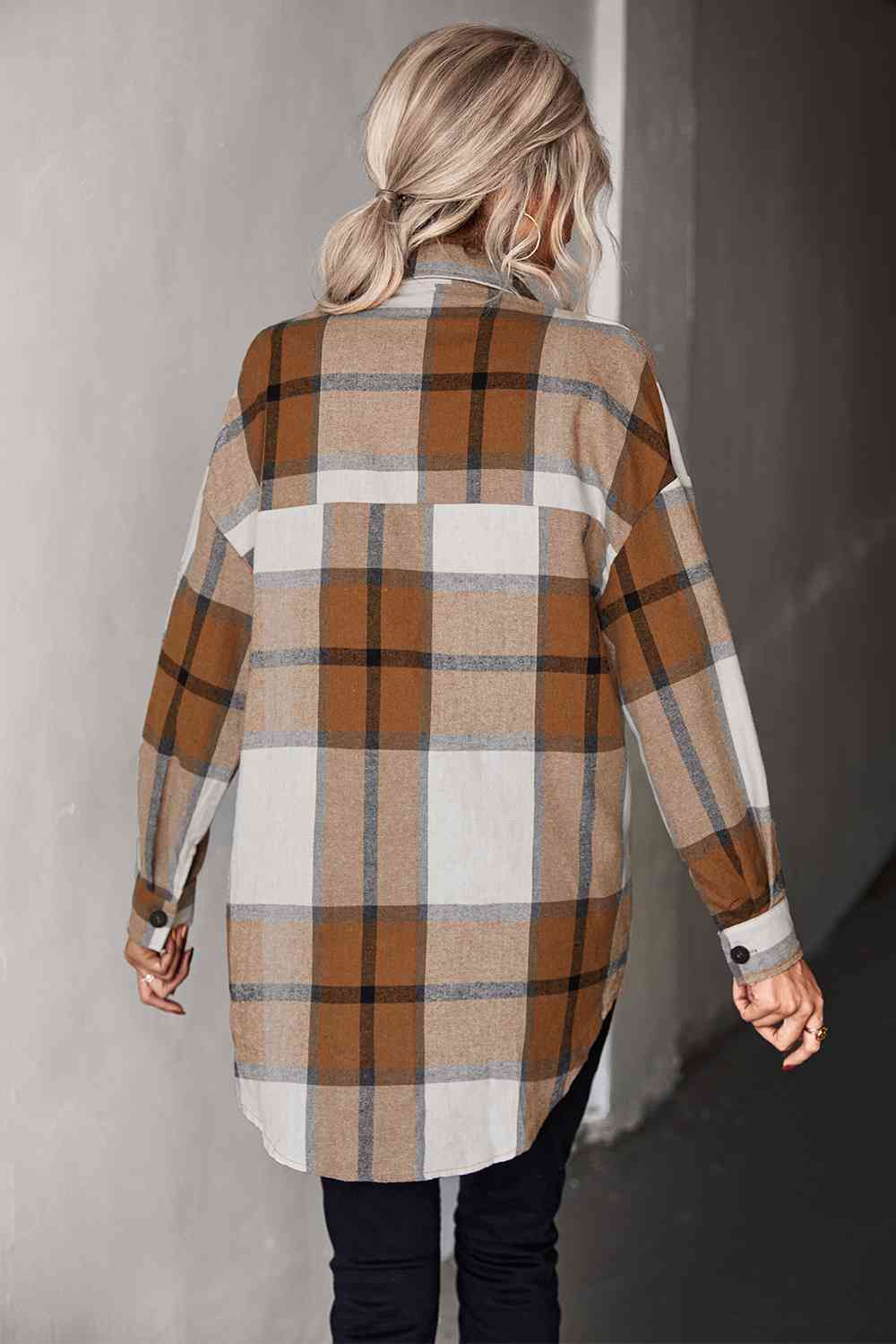 Plaid Collared Neck Longline Shirt - TRENDMELO