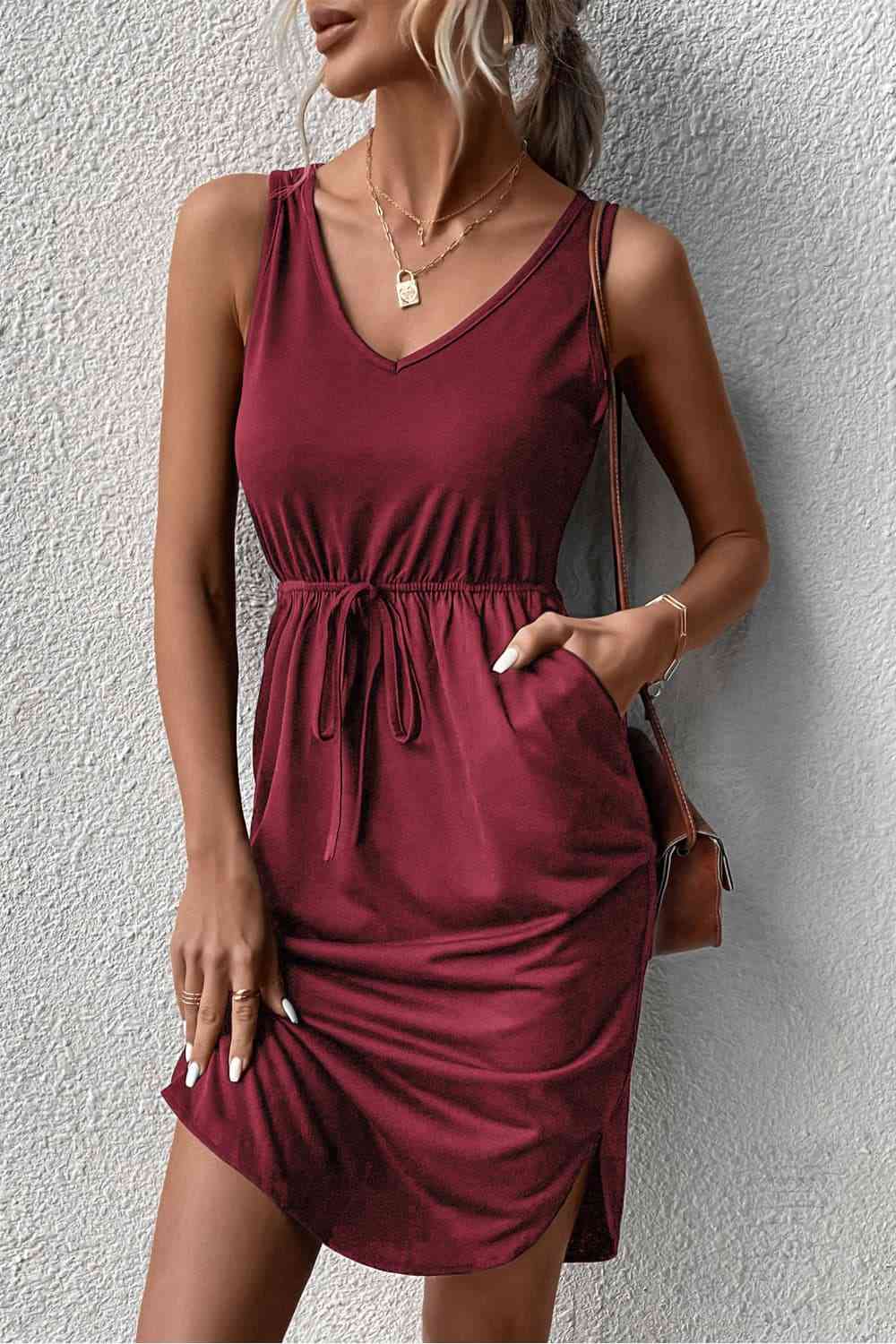 V-Neck Curved Hem Sleeveless Dress - TRENDMELO