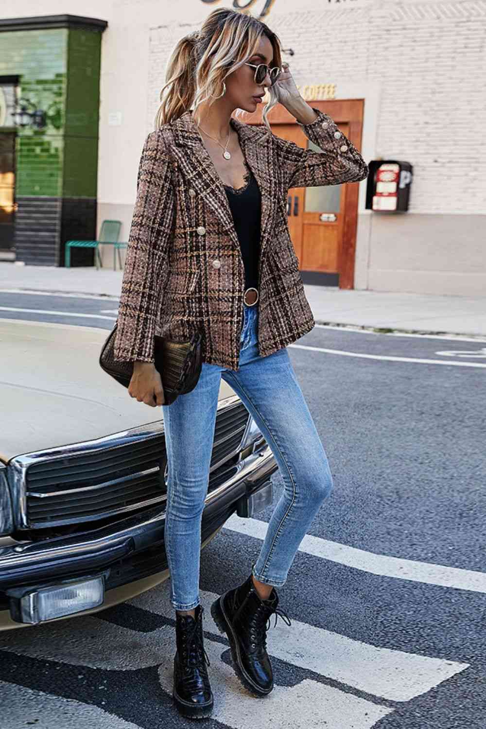 Full Size Plaid Buttoned Blazer - TRENDMELO