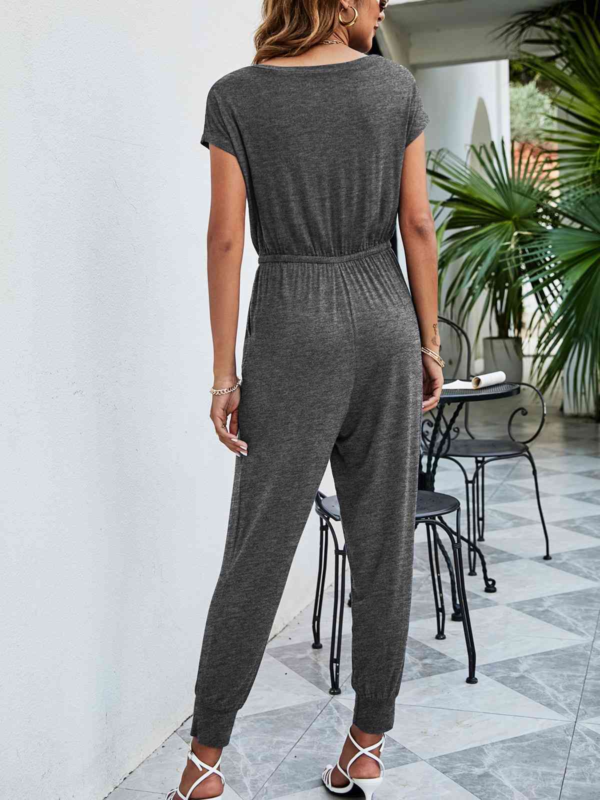 Drawstring Waist Short Sleeve Jogger Jumpsuit - TRENDMELO