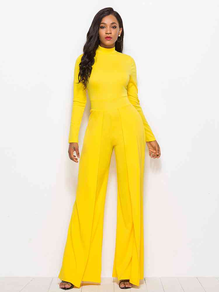 Long Sleeve Mock Neck Wide Leg Jumpsuit - TRENDMELO