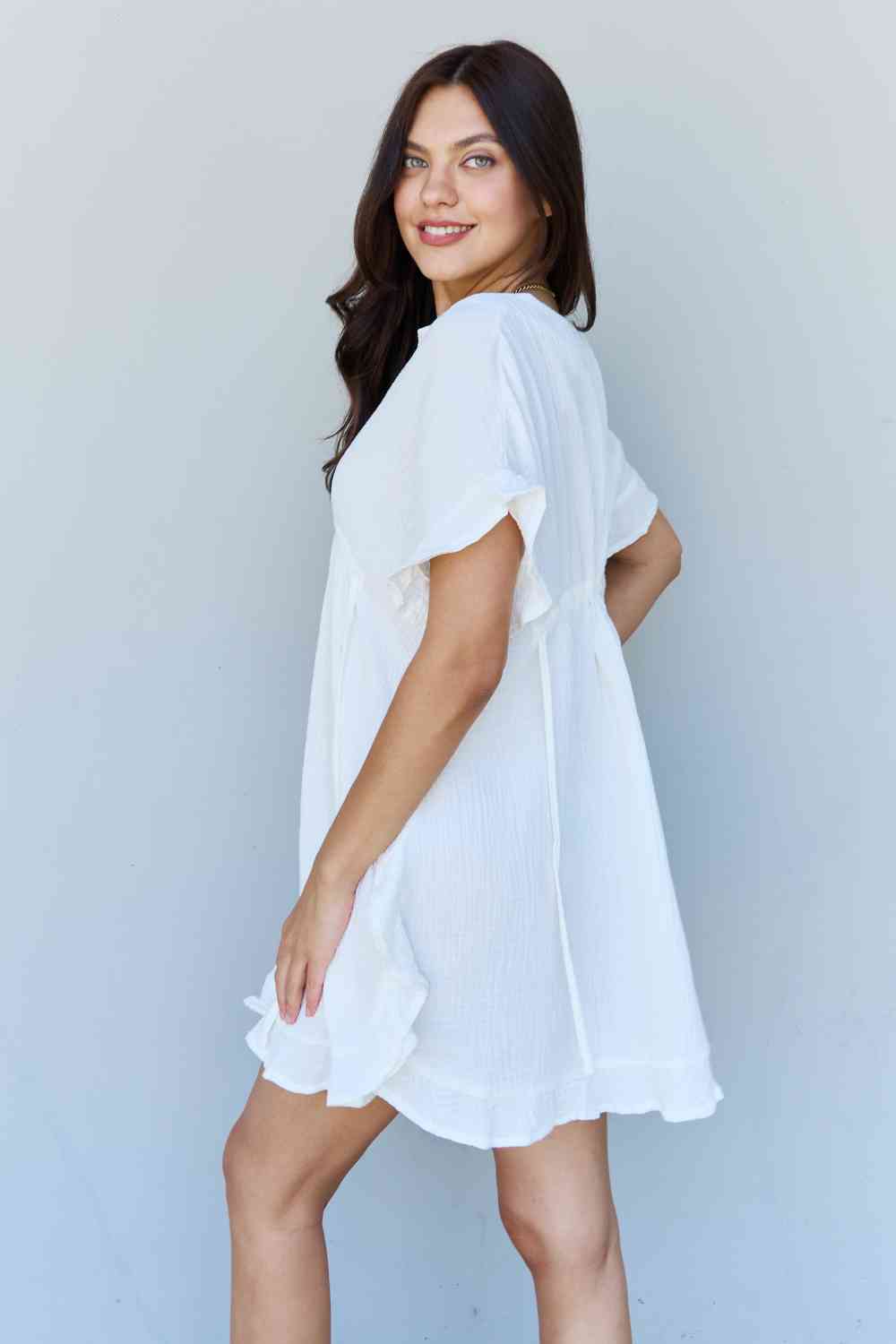 Ninexis Out Of Time Full Size Ruffle Hem Dress with Drawstring Waistband in White - TRENDMELO