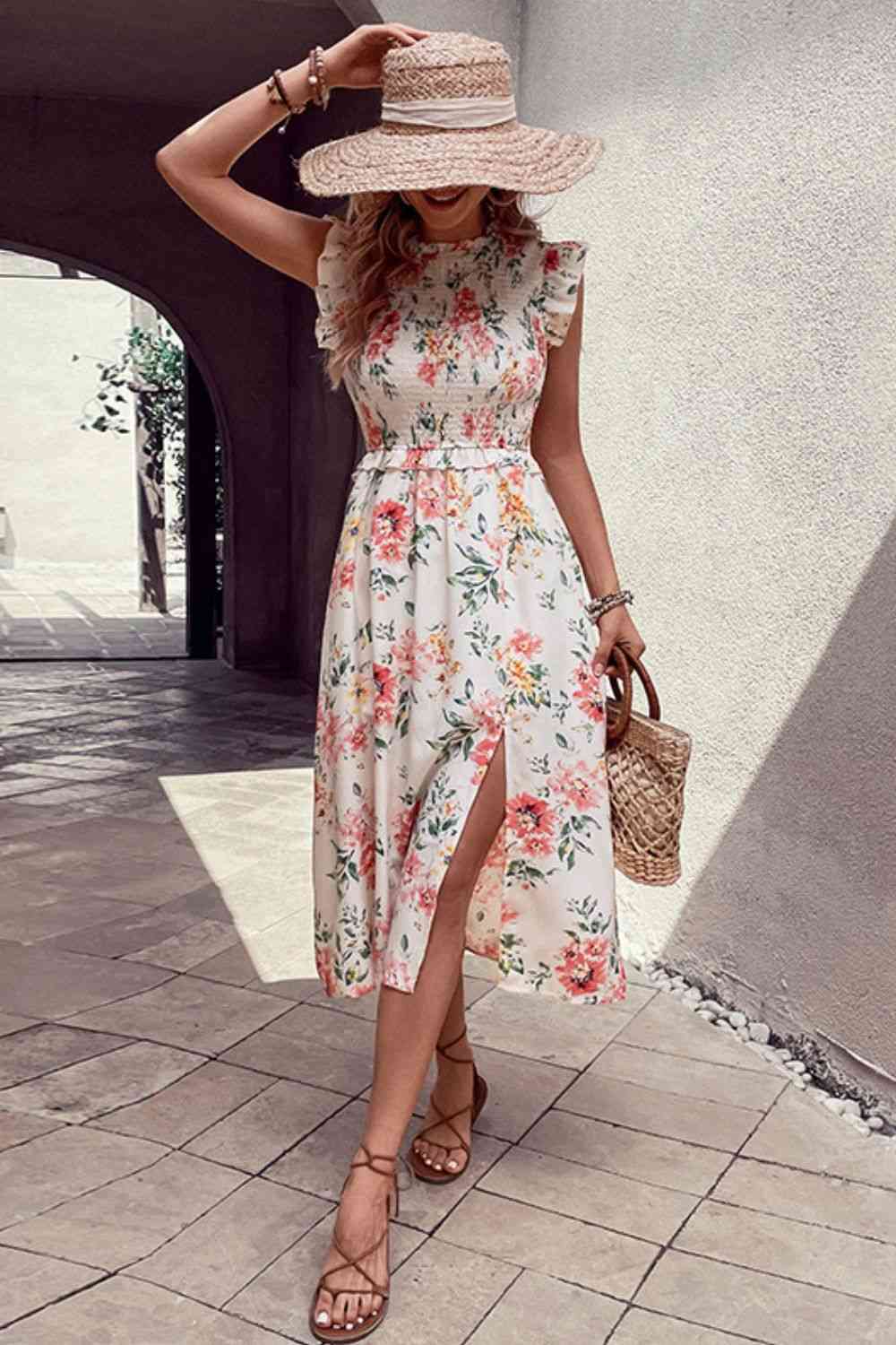 Floral Smocked Butterfly Sleeve Slit Dress - TRENDMELO