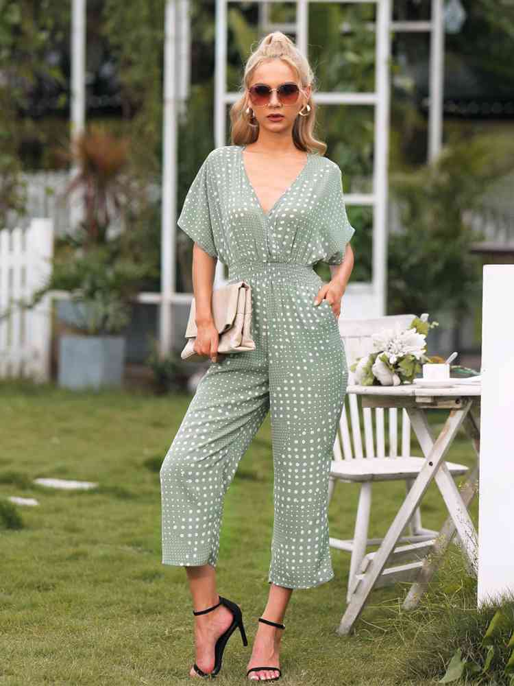 Polka Dot Surplice Neck Jumpsuit with Pockets - TRENDMELO