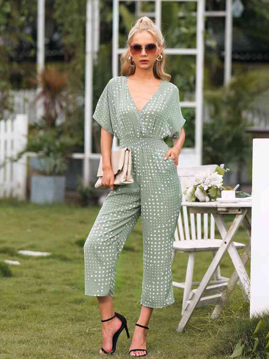 Polka Dot Surplice Neck Jumpsuit with Pockets - TRENDMELO