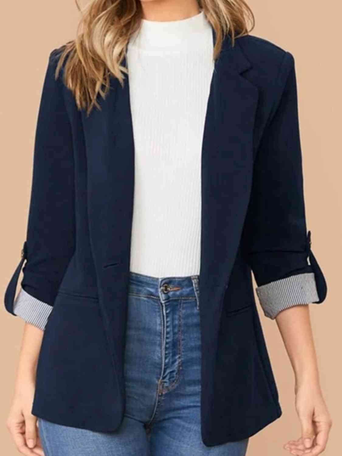 Lapel Collar Roll-Tab Sleeve Blazer - TRENDMELO