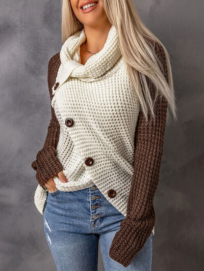 Contrast Decorative Button Turtleneck Sweater - TRENDMELO