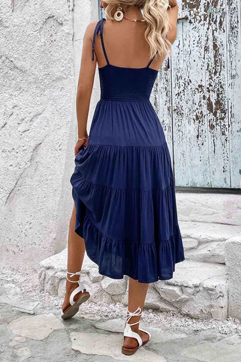 Tie-Shoulder Tiered Midi Dress - TRENDMELO