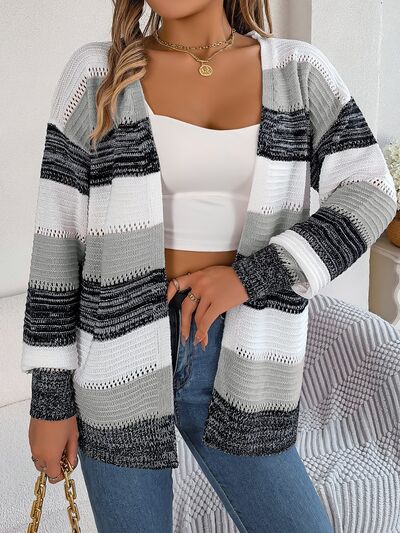 Openwork Striped Open Front Cardigan - TRENDMELO