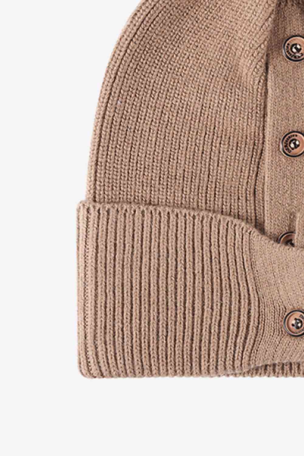 Button Detail Rib-Knit Cuff Beanie - TRENDMELO