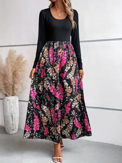 Floral Round Neck Long Sleeve Maxi Dress - TRENDMELO