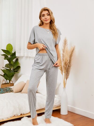 Round Neck Top and Pants Lounge Set - TRENDMELO