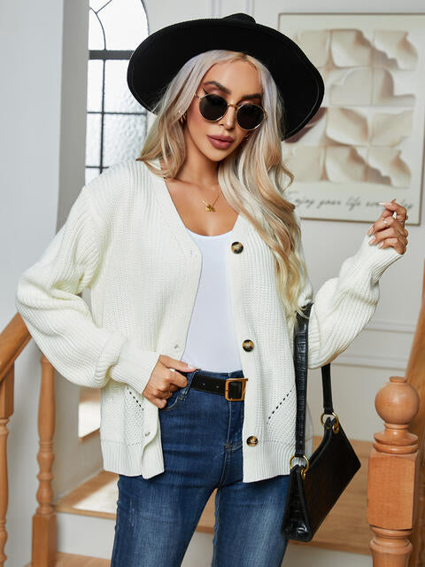 Button Up V-Neck Long Sleeve Cardigan - TRENDMELO