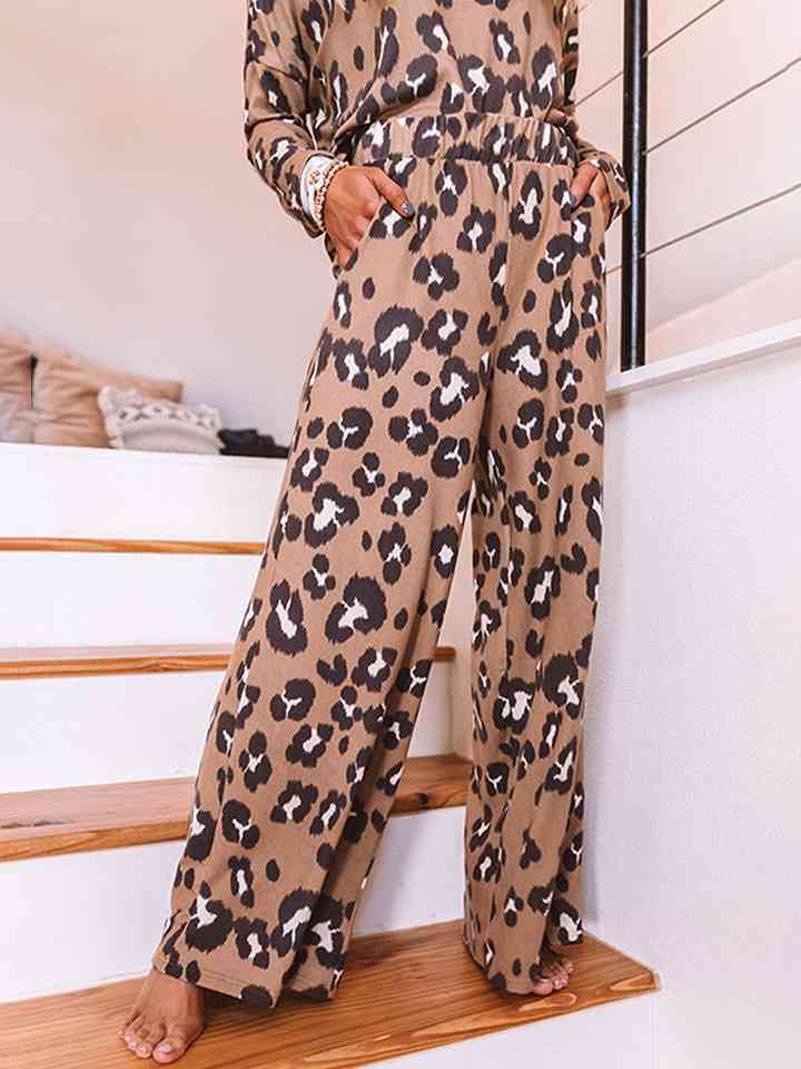 Leopard Long Sleeve Top and Pants Lounge Set - TRENDMELO